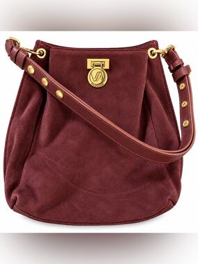 Valentina Wine Suede Shoulder Bag with Gold Hardware